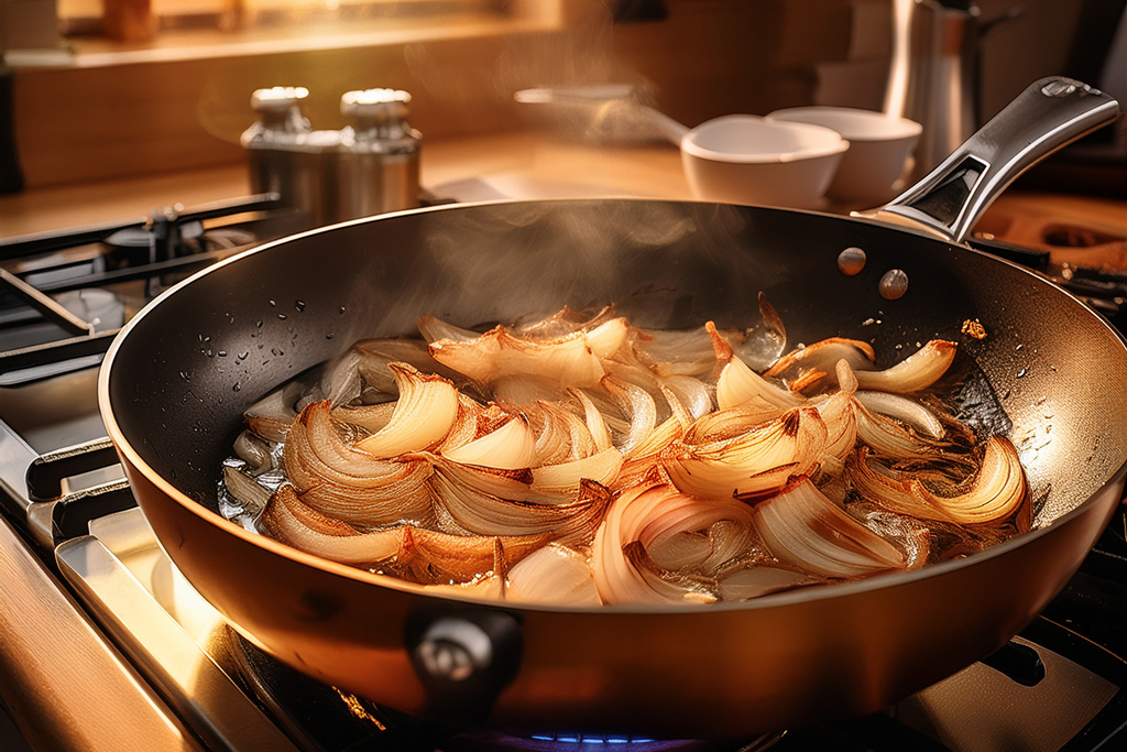A-cozy-kitchen-with-onions-being-sauteed-in-a-pan