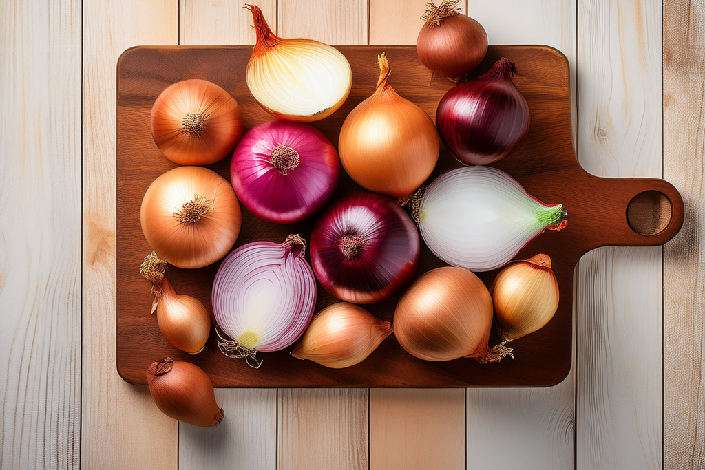 A-flatlay-of-different-onion-varieties-on-a-wooden-chopping-board