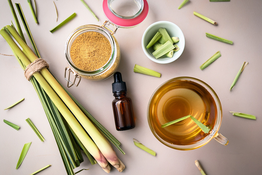A-flatlay-of-fresh-lemongrass-stalks,-dried-lemongrass-in-a-jar,-a-teacup-of-lemongrass-tea,-and-a-bottle-of-essential-oil