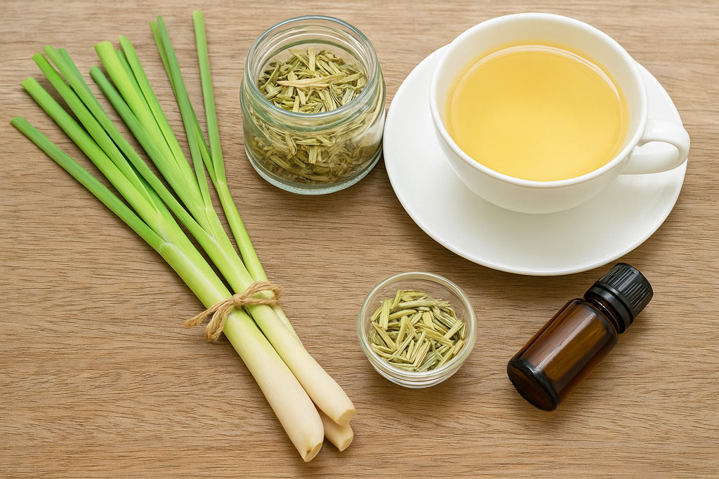 A-flatlay-of-fresh-lemongrass-stalks,-dried-lemongrass-in-a-jar,-a-teacup-of-lemongrass-tea,-and-a-bottle-of-essential-oil2