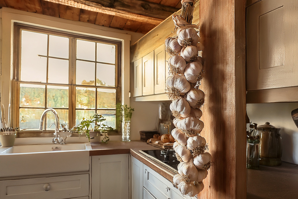 A-garlic-braid-hanging-in-a-kitchen-farmhouse-style