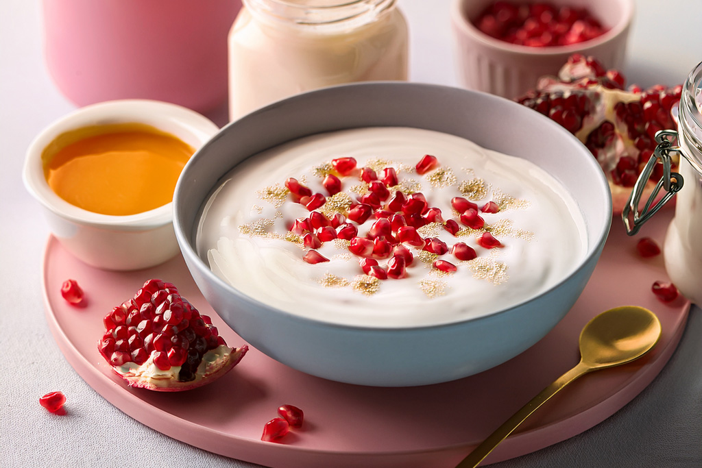 A-modern-breakfast-spread-featuring-pomegranate-yogurt-bowl,-smoothie,-and-skincare-cream-with-pomegranate-label