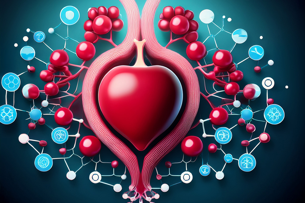 A-stylized-medical-style-layout-showing-pomegranate-with-molecule-shapes,-heart-icon,-and-brain-icon