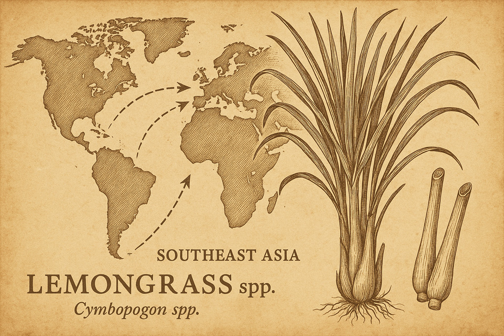 A-vintage-botanical-drawing-of-lemongrass-or-an-illustrated-map-showing-its-spread-from-Southeast-Asia-to-the-world