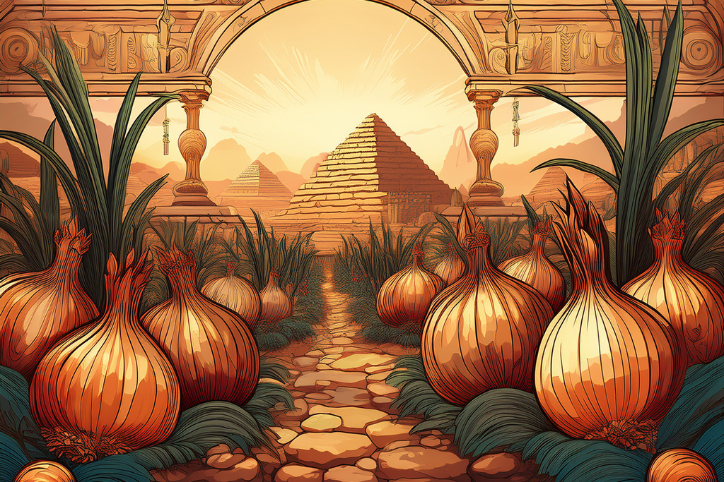 An-ancient-style-illustration-of-an-onion-farm-or-Egyptian-tomb-with-onions