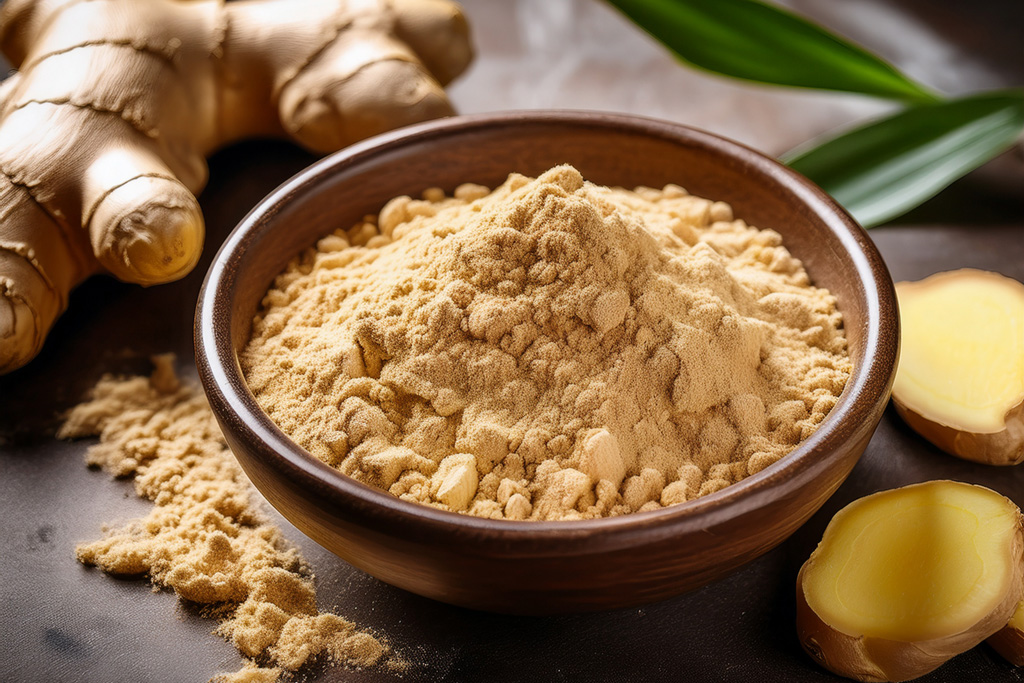Close-up-of-powdered-ginger-in-a-bowl-with-fresh-ginger-slices-next-to-it
