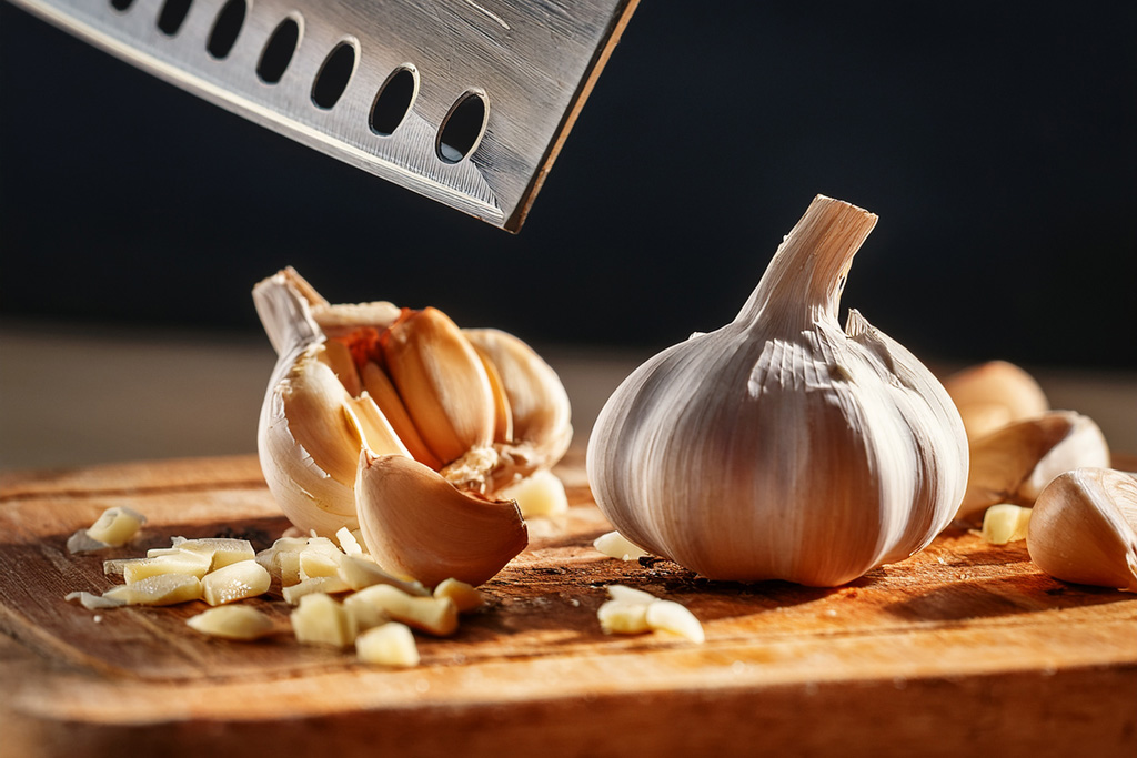 Garlic-being-chopped-on-a-cutting-board