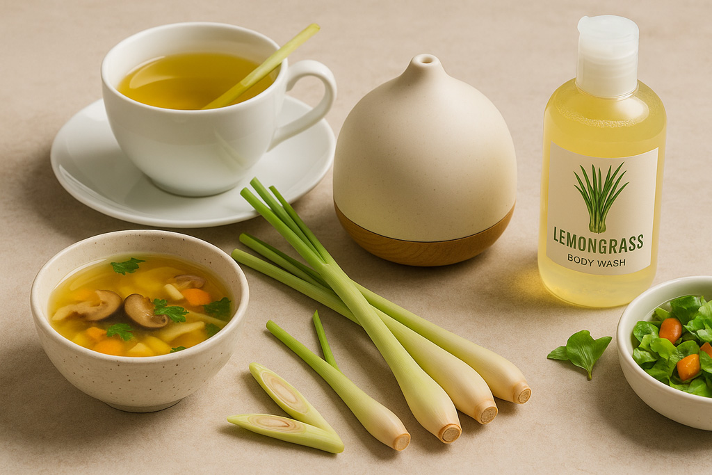 Lifestyle-shot-with-lemongrass-tea,-soup-bowl,-a-diffuser,-and-lemongrass-body-wash