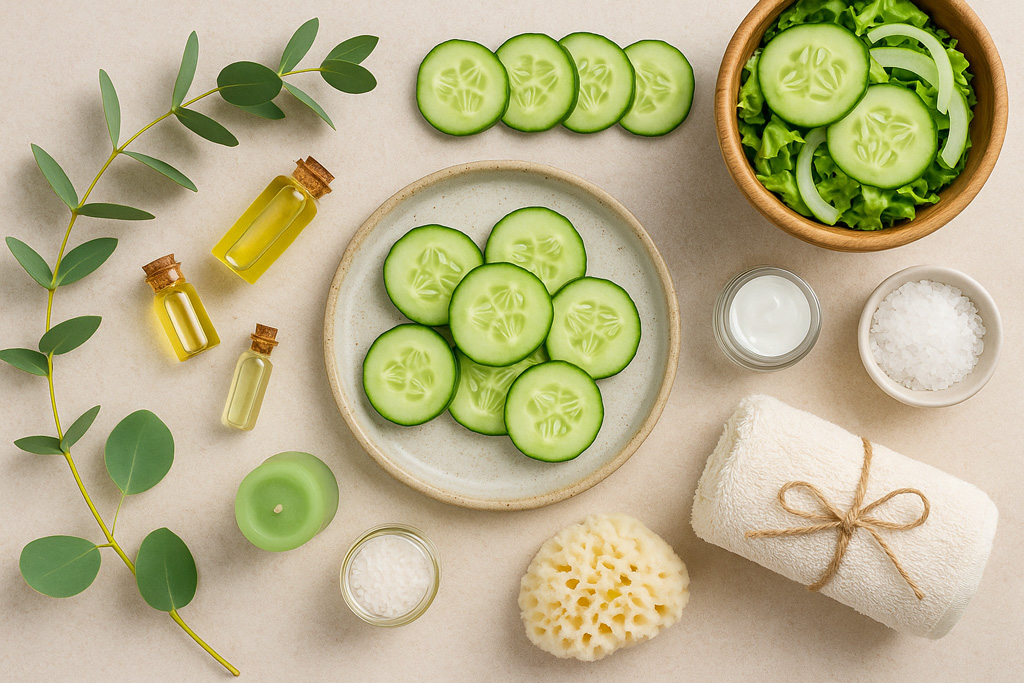 Spa-flatlay-with-cucumber-slices,-essential-oils,-and-a-salad-bowl-nearby