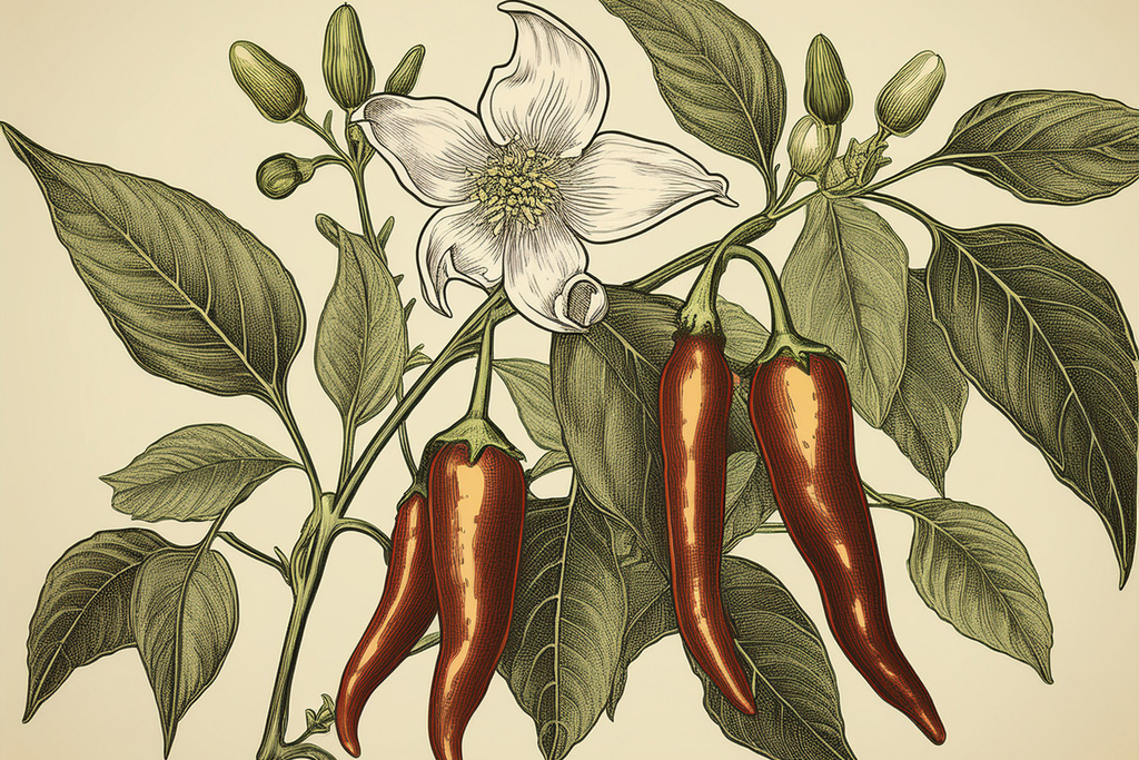 Vintage-botanical-illustration-of-a-chili-plant-with-leaves,-flowers,-and-fruits