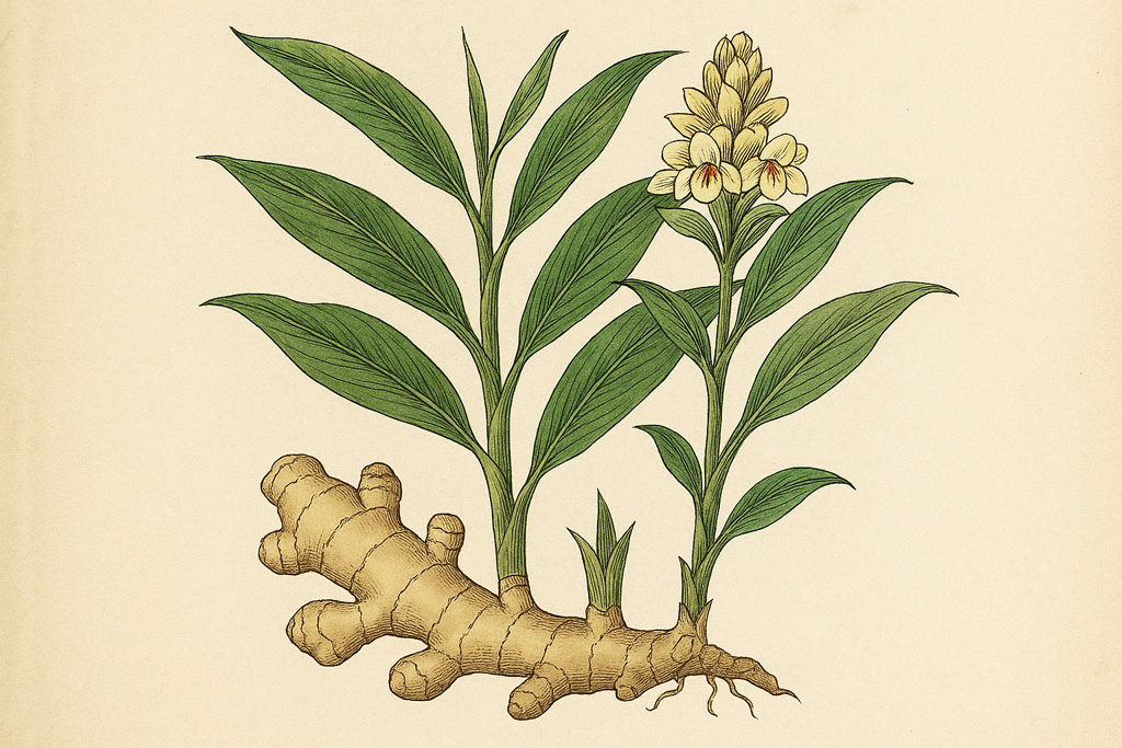 Vintage-botanical-illustration-of-a-ginger-plant-with-root,-stem,-leaves,-and-flowers