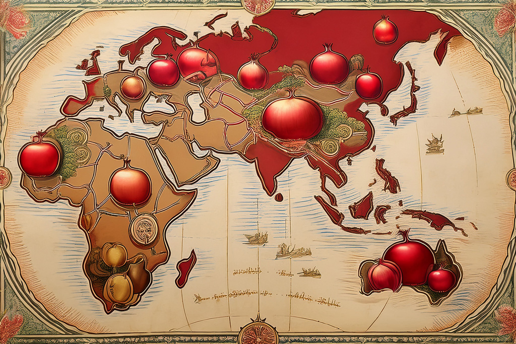 Vintage-map-showing-the-Silk-Road-with-illustrations-of-pomegranates-traveling-west