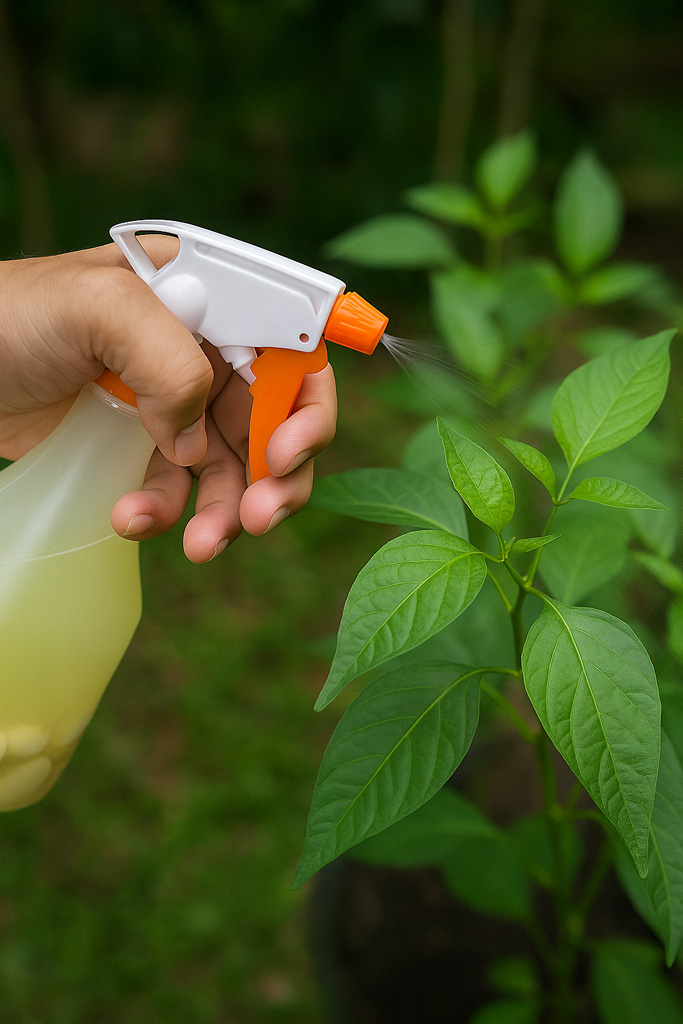A-hand-spraying-garlic-water-on-chili-leaves-Proses-sembur-air-bawang-putih-(DIY-pest-spray)
