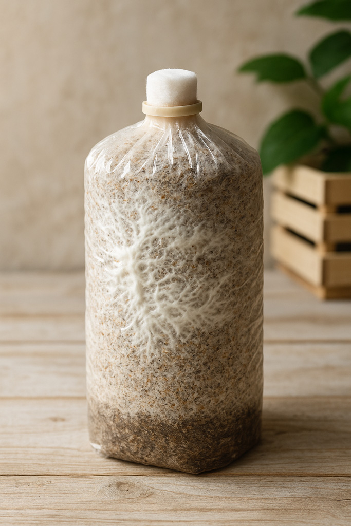 Close-up-of-a-mushroom-block-fully-colonized-with-white-mycelium-in-a-plastic-bag---Close-up-bongkah-cendawan-siap-berisi-miselium-putih-dalam-beg-plastik R