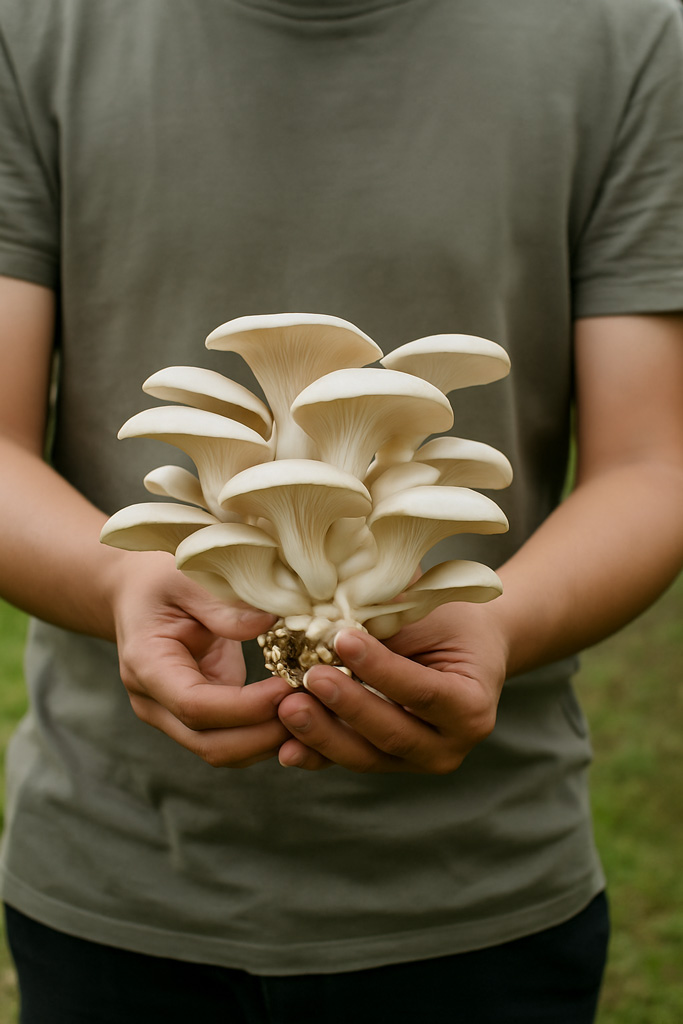 Fresh-mushroom-harvest-—-holding-a-bunch-of-freshly-picked-oyster-mushrooms---hasil-tuaian-cendawan-segar-Pegang-gugusan-cendawan-tiram-yang-baru-dipetik R