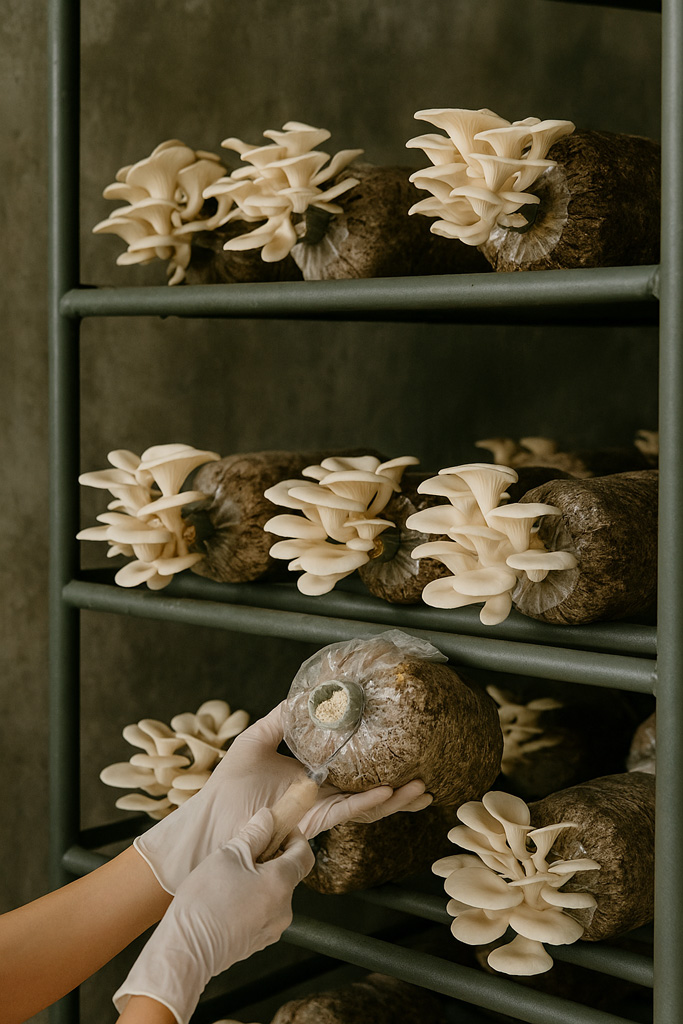 Mushroom-rack-setup-with-mushrooms-growing-healthily-P---gambar-suasana-rak-cendawan-dengan-cendawan-sedang-tumbuh-mekar-P R