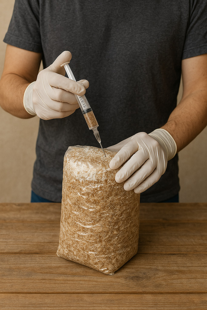 Wearing-gloves,-injecting-mushroom-spawn-into-a-block---Orang-memakai-sarung-tangan,-suntik-benih-cendawan-ke-bongkah R